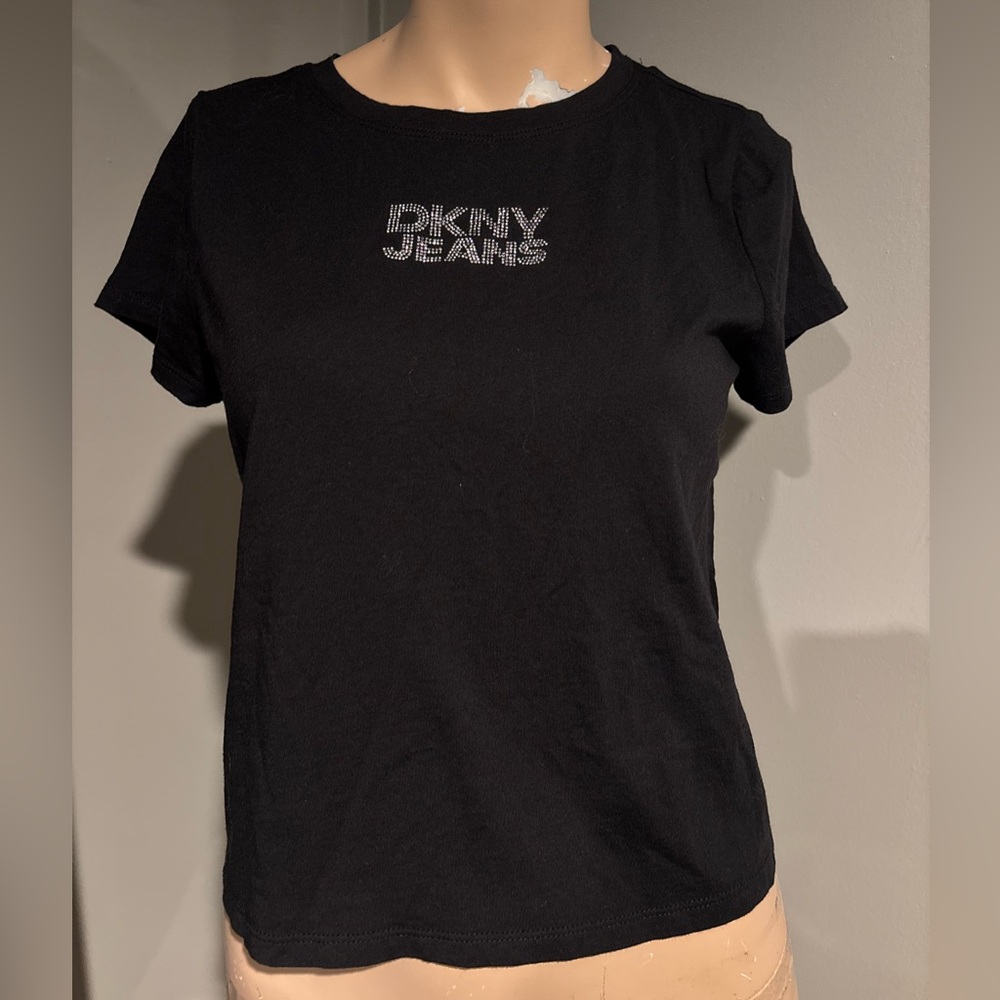 DKNY Rhinestone Logo Black Short Sleeve Cropped Tee